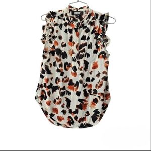 DKNY Sleeveless Ruffle Blouse in Ivory, Black & Rust